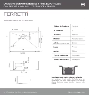 Lavadero Signature Hermes 1 poza empotrable con rebose acero inoxidable 71.1×40.6×25.4 cm - Image 4