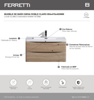 MUEBLE DE BAÑO FERRETTI SIENA ROBLE CLARO 894*476*450 C/LAV BLANCO 900*480*160 RESINA OBS. DESAGUE PUSH CROMO