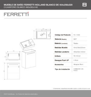 MUEBLE DE BAÑO FERRETTI HOLLAND BLANCO DE 454*256*520 C/ LAVATORIO BLANCO 460*262*140 OBS. DESAGUE PUSH CROMO