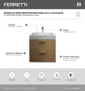 Mediterranee Roble Mueble de Baño 574x465x500 c/ lavatorio blanco 580x468x145