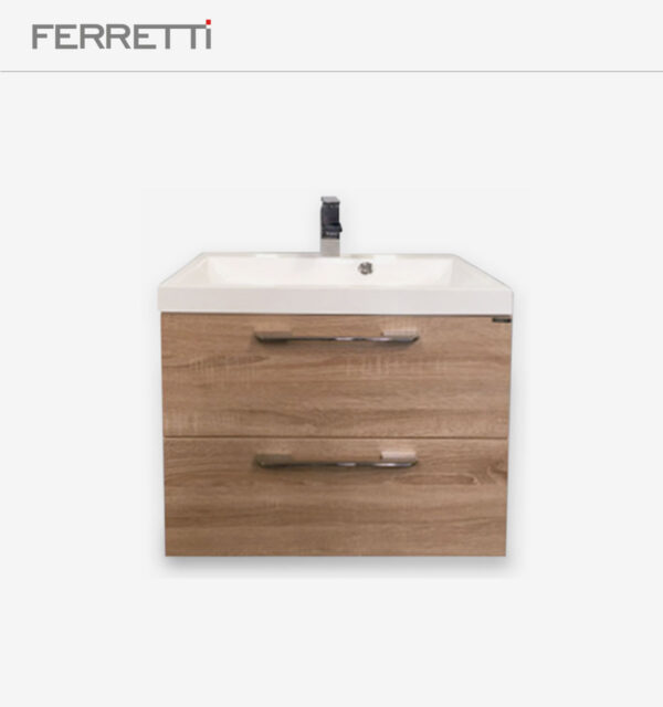 MUEBLE DE BAÑO FERRETTI MILANO ROBLE 600*400*530 C/ LAVATORIO BLANCO 600*400*160 OBS. DESAGUE PUSH CROMO