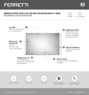 Espejo Stixx con luz led de color blanco y azul con encendido touch 90x70cm