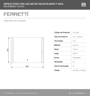 Espejo Stixx con luz led de color blanco y azul con encendido touch 90x70cm