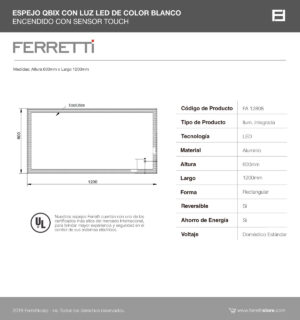 Espejo Qbix con luz led de color blanco con encendido touch 60x120cm