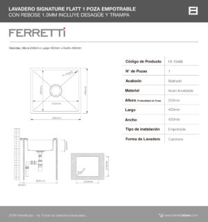 Flatt empotrable Signature con rebose de una poza 45x40x20cm