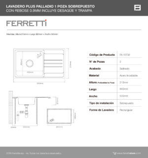 Palladio Plus sobrepuesto con rebose de 1 poza 86x50x21.5cm
