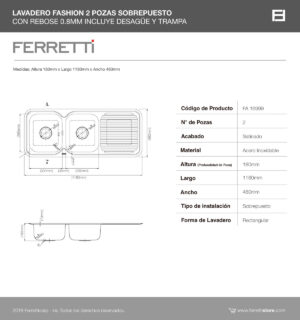 Fashion de 2 pozas con rebose Sobrepuesto 118x48x18cm
