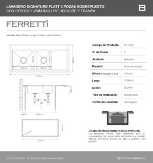 Flatt Sobrepuesto Signature con rebose de 2 pozas 112x52x23.5cm