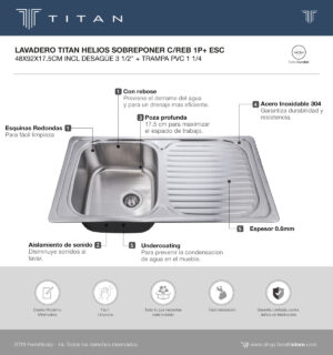 LAVADERO TITAN HELIOS SOBREPONER C/REB 1P+ ESC 48*92*17.5CM ESP 0.6MM INCL DESAGÜE 3 1/2" + CANAST OBS.TRAMPA PVC 1 1/2