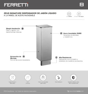 Dispensador de Jabón Liquido Zeus de Acero Inoxidable 304SS a la pared Signature