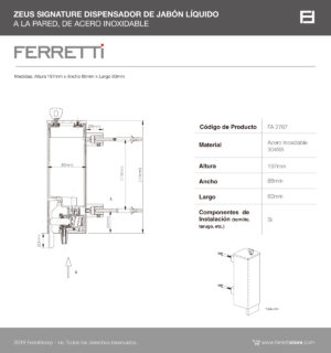 Dispensador de Jabón Liquido Zeus de Acero Inoxidable 304SS a la pared Signature