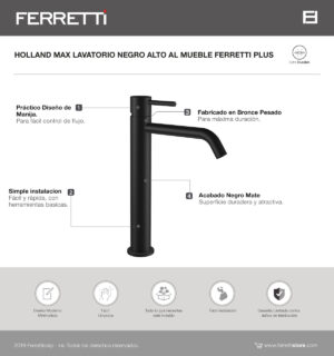 Griferia monocomando redonda negra holland Alta al mueble Ferretti