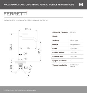 Griferia monocomando redonda negra holland Alta al mueble Ferretti