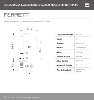 Griferia monocomando redonda dorada holland Alta al mueble Ferretti