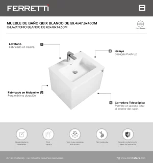 Mueble de baño Ferretti Qbix blanco de 594*476*450 con lavatorio blanco 600*480*150