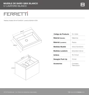 Mueble de baño Ferretti Qbix blanco de 594*476*450 con lavatorio blanco 600*480*150 Ficha de producto