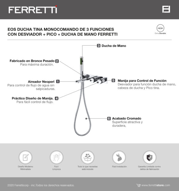 EOS Ducha y tina monocomando negra de 3 funciones con desviador + pico + ducha de mano Ferretti Plus