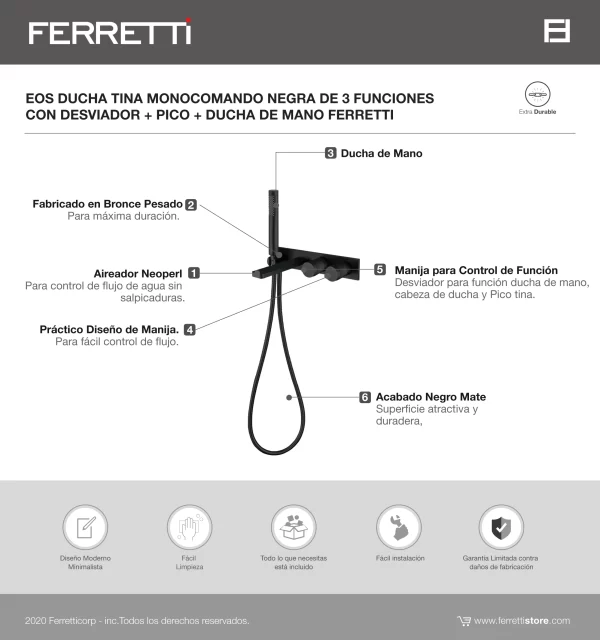 EOS Ducha y tina monocomando negra de 3 funciones con desviador + pico + ducha de mano Ferretti