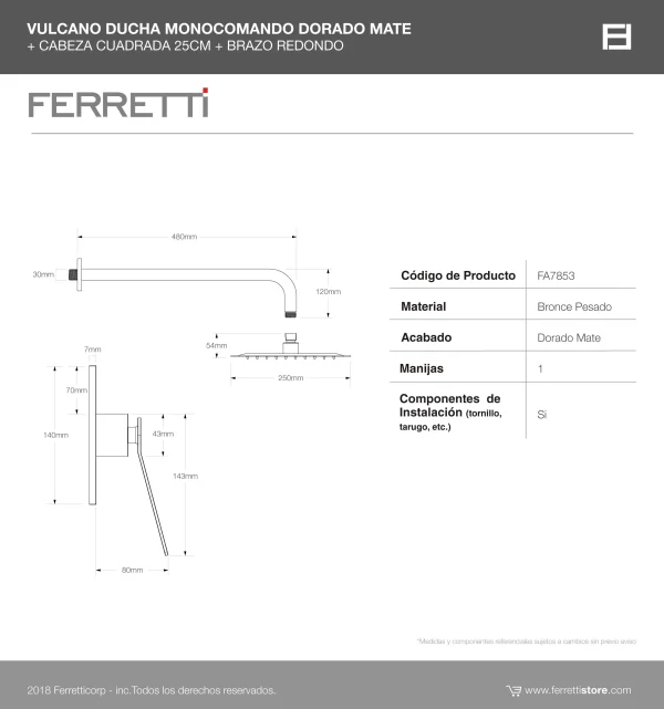 Vulcano ducha monocomando dorada mate Ferretti + cabezal + brazo redondo Ferretti