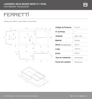 Lavadero Zeus 100.50 Negro Mate C/Reb 1P + 1Esc 100x50x20Cm - Image 3