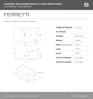 Lavadero Zeus negro mate c/1 poza empotrable con rebose 75.6×45.6×20 cm - Image 3