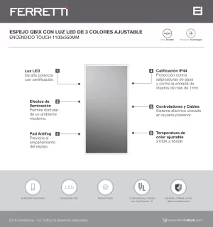Espejo Qbix con Luz Led de 3 colores ajustable encendido touch 1100x550 - Image 2