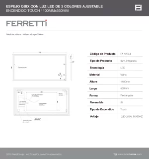 Espejo Qbix con Luz Led de 3 colores ajustable encendido touch 1100x550 - Image 3