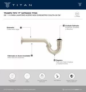 Trampa Tipo "P" Satinada Titan de 1 1/4 para Lavatorio Acero Inox s/Registro - Image 2