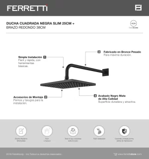 Ducha Española Cuadrada Negra Slim 250x250mm con brazo redondo 38cm - Image 2