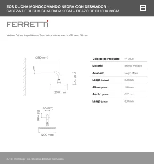 Ducha Española Cuadrada Negra Slim 250x250mm con brazo redondo 38cm - Image 3