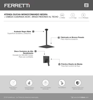 Atenea ducha monocomando negra + cbza cuad + brazo redondo al techo - Image 2
