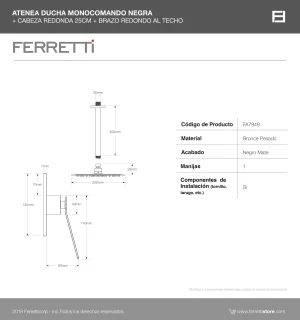 Atenea ducha monocomando negra + cbza red + brazo redondo al techo - Image 3