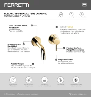 Grifería Holland Infiniti Gold Plus Monocomando Lavatorio a la Pared - Image 2