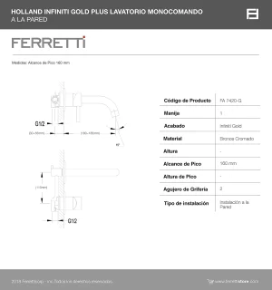 Grifería Holland Infiniti Gold Plus Monocomando Lavatorio a la Pared - Image 3