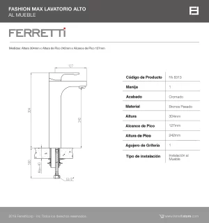 Grifería Fashion Max Monocomando Lavatorio Alto al Mueble - Image 3