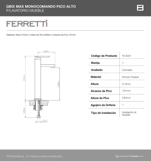 Grifería Qbix Max Monocomando Pico Alto Lavatorio al Mueble - Image 3