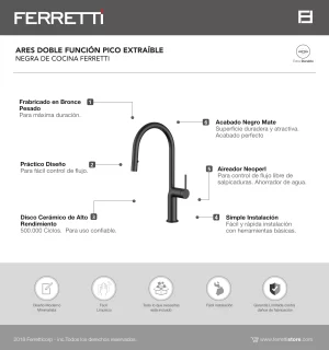 Ares Doble Función Pico Extraible Negra De Cocina Ferretti - Image 2