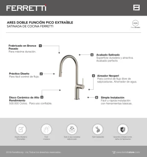 Ares Doble Función Pico Extraible Satinada De Cocina Ferretti - Image 2
