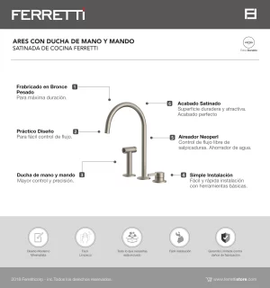 Ares Con Ducha De Mano Y Mando Satinada De Cocina Ferretti - Image 2