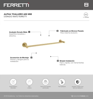 Alpha Toallero 600 Mm Dorado Mate Ferretti - Image 2