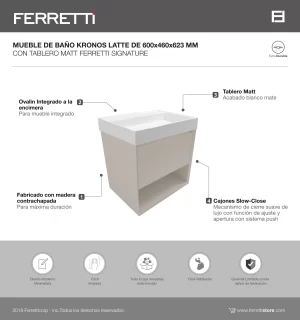 Mueble de Baño Kronos Latte De 600x460x623Mm con Tablero Matt Signature - Image 2