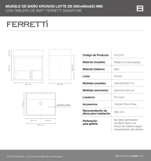 Mueble de Baño Kronos Latte De 600x460x623Mm con Tablero Matt Signature - Image 3