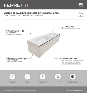Mueble de Baño Kronos Latte De 1600x470x400Mm Con Tablero de Matt Signature - Image 2