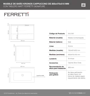 Mueble de Baño Kronos Cappuccino De 800x470x510Mm con Tablero Matt Signature - Image 3
