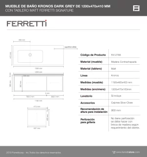 Mueble de Baño Kronos Dark Grey De 1200x470x410Mm con Tablero Matt Signature - Image 3