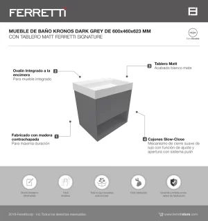 Mueble de Baño Kronos Dark Grey De 600x460x623Mm con Tablero Matt Signature - Image 2