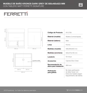 Mueble de Baño Kronos Dark Grey De 600x460x623Mm con Tablero Matt Signature - Image 3