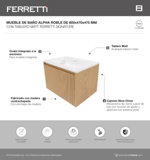 Mueble de Baño Alpha Roble De 600x470x470Mm con Tablero Matt Signature - Image 2