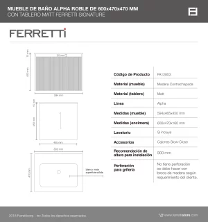 Mueble de Baño Alpha Roble De 600x470x470Mm con Tablero Matt Signature - Image 3