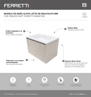 Mueble de Baño Alpha Latte De 600x470x470Mm con Tablero Matt Signature - Image 2